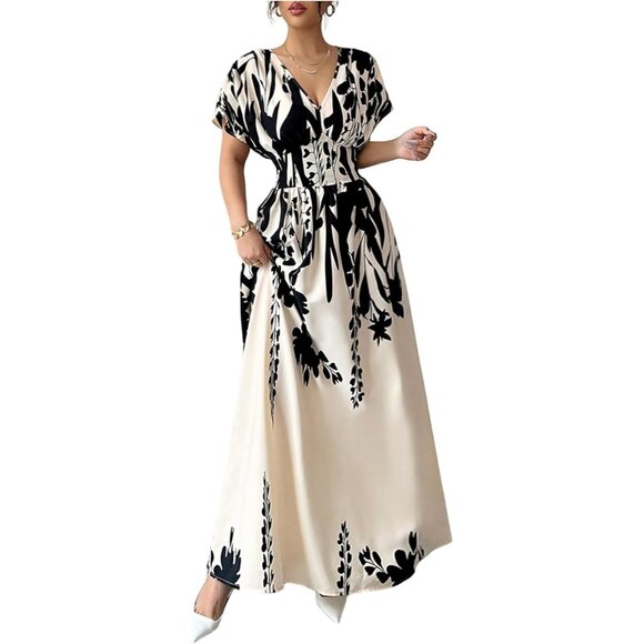 Women's Floral V Neck Maxi Dress Short Sleeve Smocked Flowing Summer Dress - Picture 1 of 5